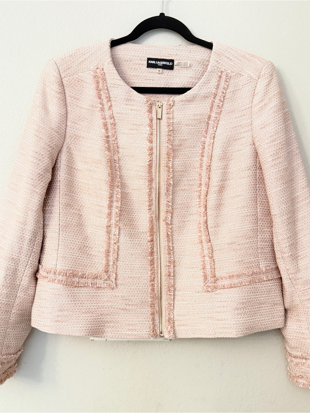 Karl Lagerfeld Women's Pink Tweed Zip-Front Jacket- Size 14